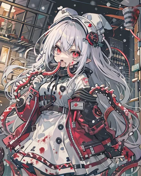 Winters，snowfield，the night，zombified，Big breasts loli，whaite hair，Lori and tentacles become one，Zombie loli，Spit tentacles out of your mouth，blood in face，Infect humans，White color hair，Cute loli，cannibalism