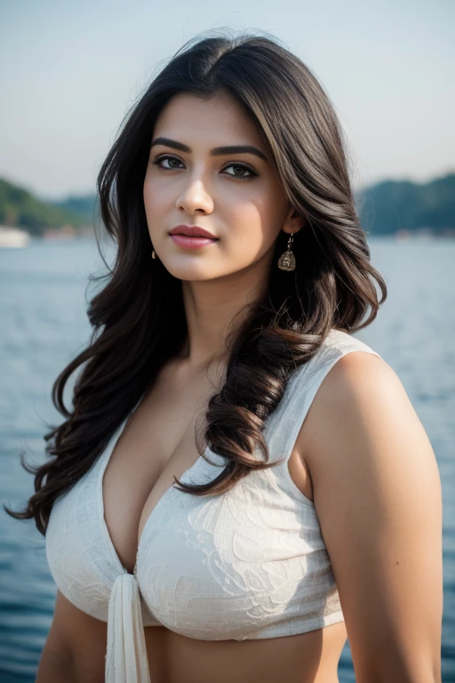 Portrait of A confident-looking indian woman with long flowing hair, hazel eyes, wearing silk saree, jewellery, c-cup breast sitting on boat, ocean background, bokeh perfect composition, hyperrealistic, super detailed, 8k, high quality, trending art, trend...