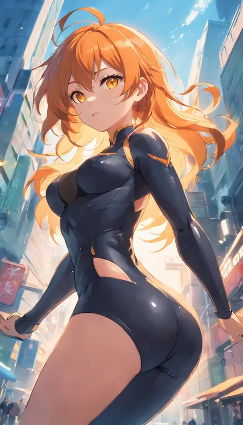 ​masterpiece、top-quality、1 female、Orange hair、huge tit、Big ass、black rubber suit、yellow eyes、thick thighs、Wavy hair、wide hips、Thigh muscles、(Spark:0.7)、musculature、abdominals