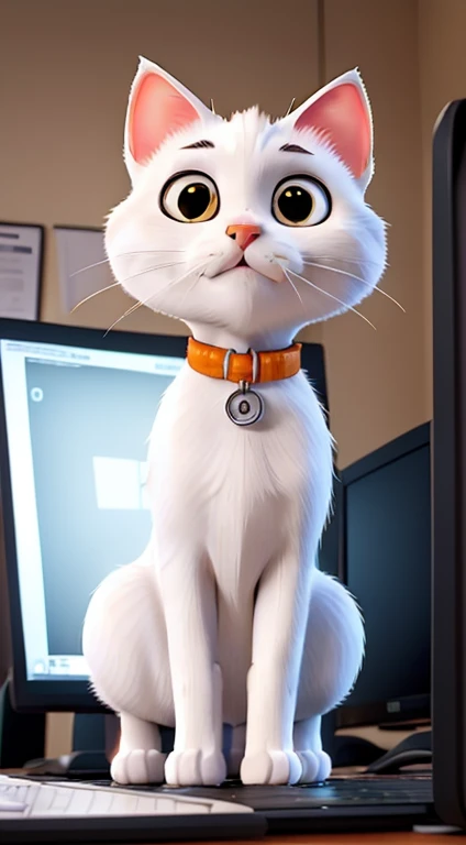 an all-white cat with small orange details on its face, it is on top of me on the computer