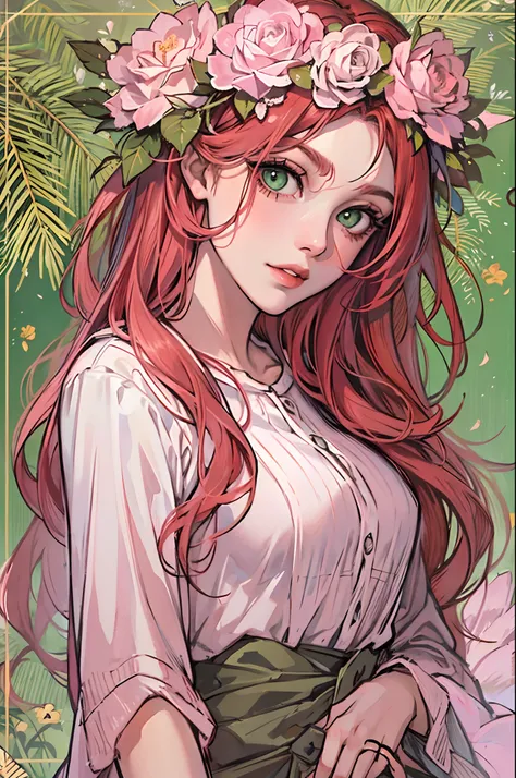 beautiful, redhead, long hair, side part hairstyle, dark green eyes, flower crown, pink roses