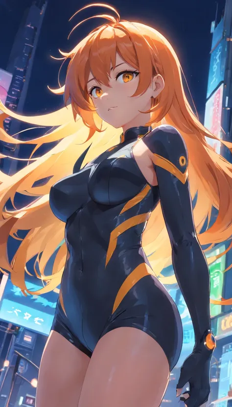 ​masterpiece、top-quality、1 female、Orange hair、huge tit、Big ass、black rubber suit、yellow eyes、thick thighs、Wavy hair、wide hips、Thigh muscles、(Spark:0.7)、musculature、abdominals