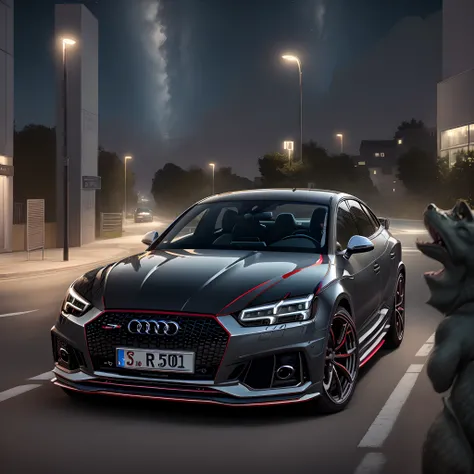 Audi RS5 Sportback 2018 with crocodile on driver seat at night city