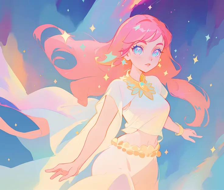 beautiful girl in white arabian two-piece dress, (arabian princess), (arabian dancer), (fantasy arabian dress),long colorful sparkling pink hair, watercolor illustration, Lois van Baarle, glowing aura around her, Glen Keane, jen bartel, glowing hair, beaut...