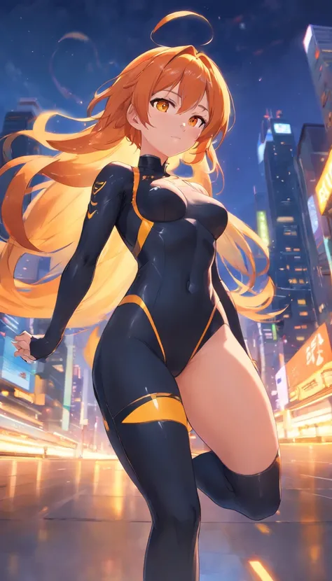 ​masterpiece、top-quality、1 female、Orange hair、huge tit、Big ass、black rubber suit、yellow eyes、thick thighs、Wavy hair、wide hips、Thigh muscles、(Spark:0.7)、musculature、abdominals