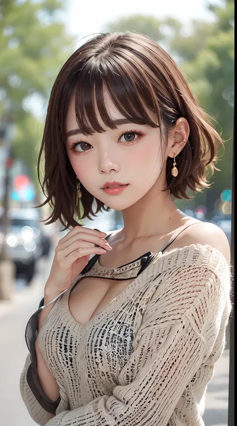 1womanl, up of face, mideum breasts, light brown hair, Blunt bangs, hair behind ear, hair over shoulder,slender body shape, Ultra Fine Face, Thin face, Delicate lips, Beautiful eyes, thin blush, eyes are light brown, perfect glossy skin, flawless skin, Gli...