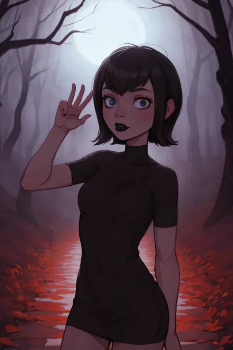 mavis in night forest, autumn, , black lipstick, night, nightfall, night,