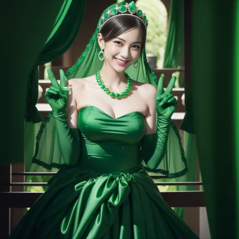 emerald tiara, Green Pearl Necklace, Boyish very short green hair, lipsticks, Japan woman smiling, very short short hair, big breasts beautiful, Green eyes, Long green gloves made of satin material, Green eyes, v sign,V-sign with both hands, Emerald Earrin...