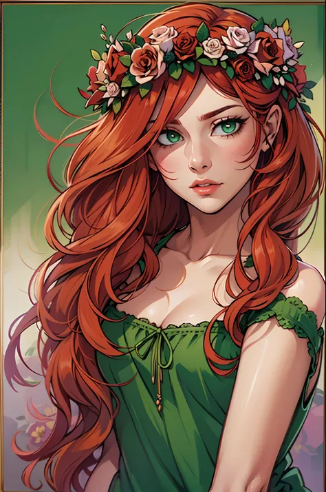 beautiful, redhead, long hair, side part hairstyle, dark green eyes, flower crown, roses