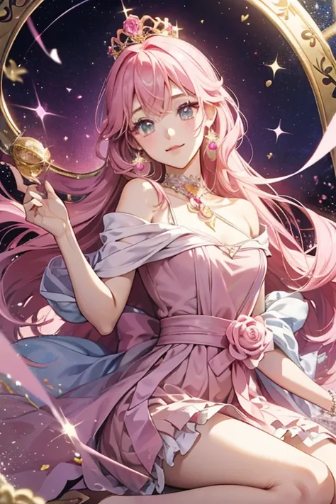 anime style; 3d; glitter; horoscope sign Virgo princess; color pink; Virgin details; ♍ symbol; rose quartz stone;