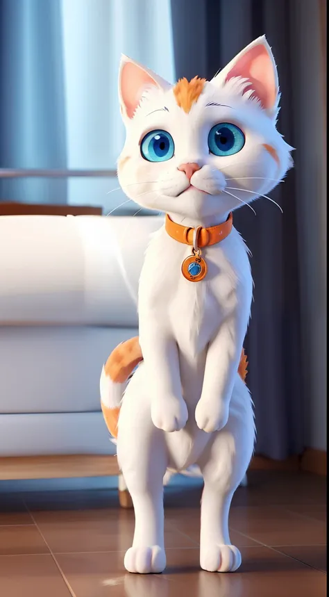 an all-white cat with light orange details on the face and the tips of the ears, the tail has light orange and white stripes, blue eyes