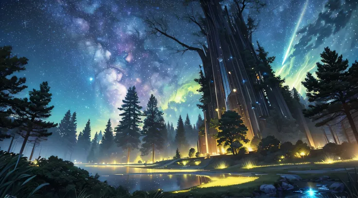 ​masterpiece、Background with((Fantastic starry sky、meteors、black hole))、Depth((Huge fantastic tree、Luminescent vegetation))、Looking up