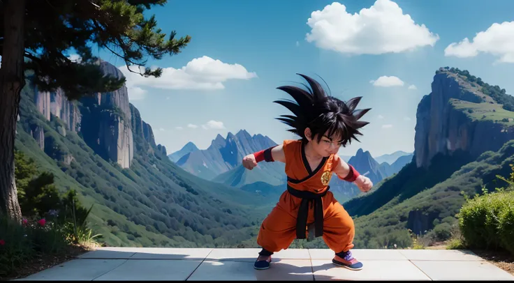 kidgoku, black hair, spiked hair, monkey tail, wristband, dougi, male child, outdoors, boy, hands down