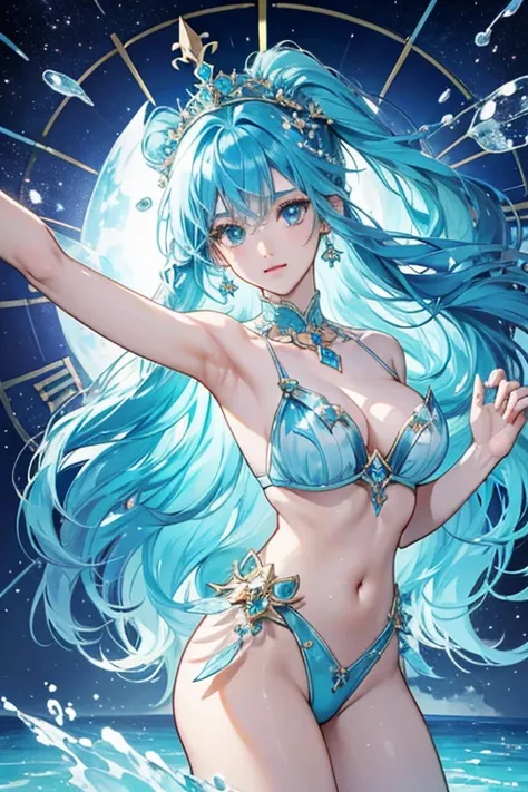 anime style; 3d; glitter; horoscope sign Aquarius goddess; color ligh blue; Water Bearer details; ♒ symbol; aquamarine stone