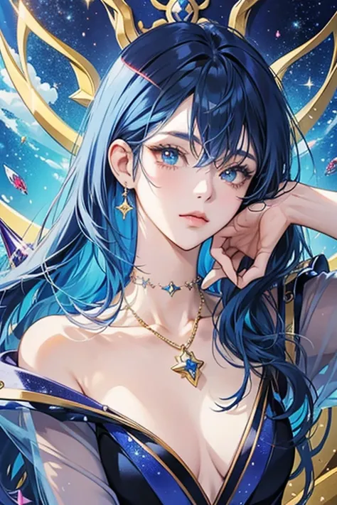 anime style; 3d; glitter; horoscope sign Pisces goddess; color dark blue; Fish details; ♓ symbol; lapis lazuli stone