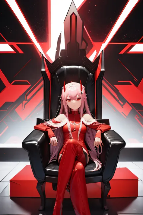 zero two, black chair, red cyberpunk suit, zero two horns, no sunlight, closed room