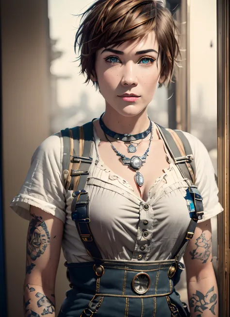 masterpiece, hyper realistic, detailed, best quality, award-winning photo, petite mechanic woman, dark brown hair pixie bob cut,...