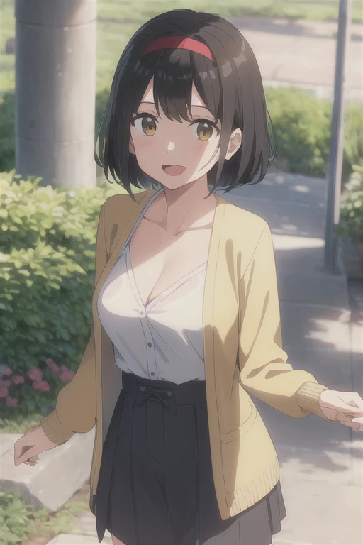 1girl, black hair, short hair, bobbed-hairstyle, red headband with red ribbon, brown eyes, open mouth :D, medium breast, yellow cardigan, open shirt, white dress, cleavage, cute, outdoors, cowboy shot,