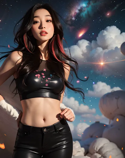 Beautiful face, beautiful body, Girl standing in the clouds staring up as the stars, stars floating around her, brilliant colors, amazing swirls of cosmic dust, colorful vibrant, light particles, Create digital artwork in the Pop Art style, Featuring a vib...