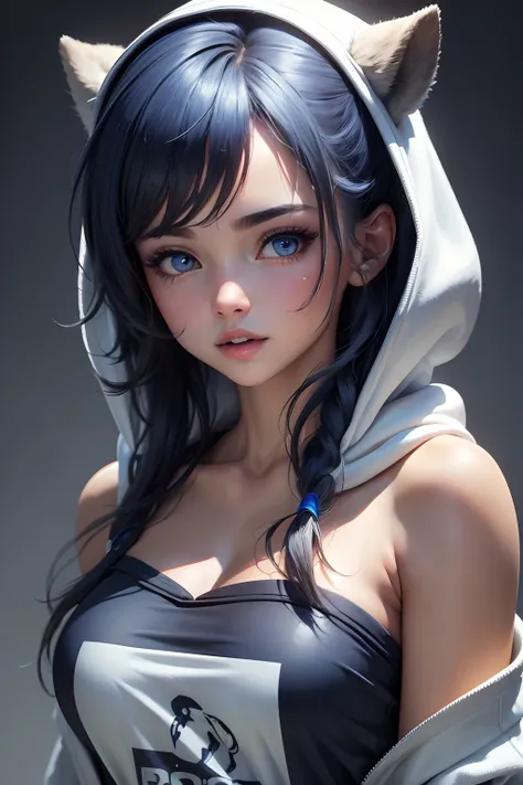 (Ultra Real), (Illustration), (High Resolution), (8K), (Very Detailed), (Best Illustration), (Beautiful Detailed Eyes), Brazilian girl wearing hoodie open white, showing blue strapless T-shirt