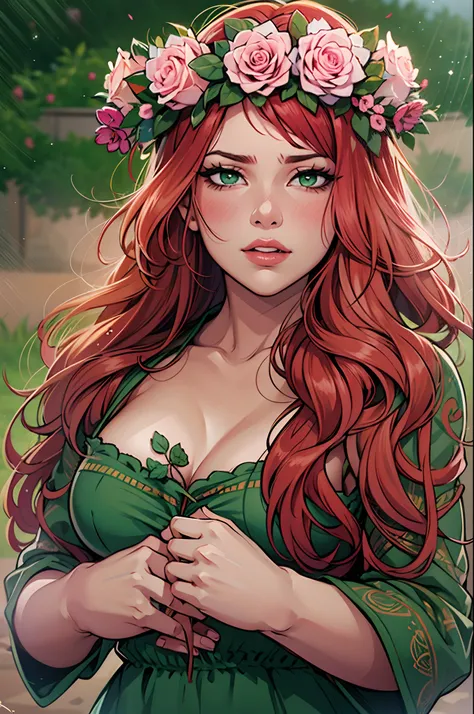 beautiful, fat, redhead, long hair, side part hairstyle, dark green eyes, flower crown, pink roses