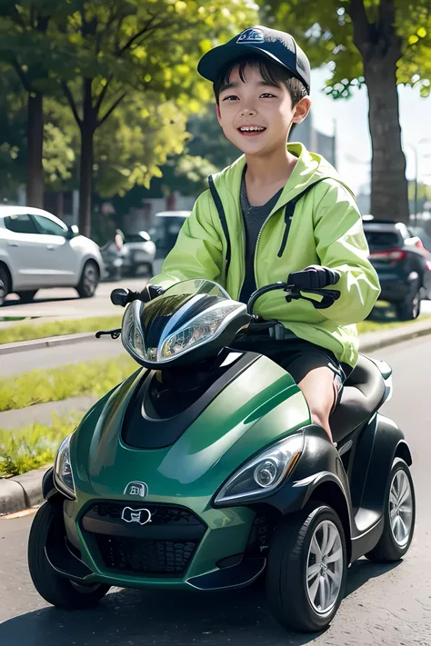 A young boy with，Riding a self-car，Wear a down jacket，With a cap，Smile happily，Plaza，crowd of，supermarket，road，green trees