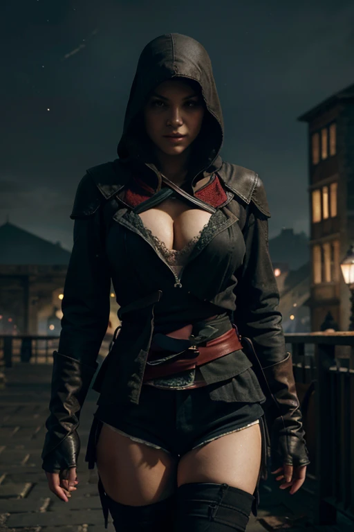 assassins creed era, assassins creed hood, sexy woman,30 y.o.,small tits, cleavage, no panty, no shorts, no bottoms, determined expression,dark hair,colorful clothes,night environment,stealthy pose,ancient cityscape,hidden blade,action-packed,adventurous,s...