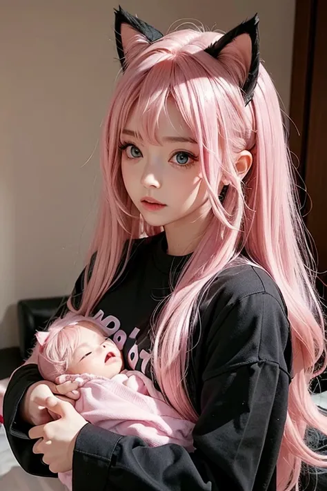 scene in room , 17 year old woman with pink hair with cat ears, big breasts, wearing a black long sleeve shirt, playing with her newborn baby with pink hair (detailed face), her little brother