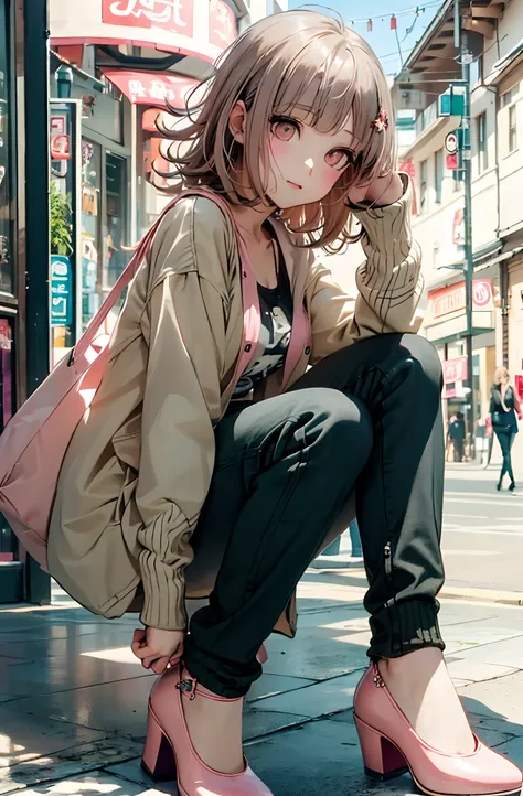 chiaki nanami en un centro comercial con ropa informal, pelo corto rosa, ojos rosados, flequillo, horquilla, air particles, 20 y...