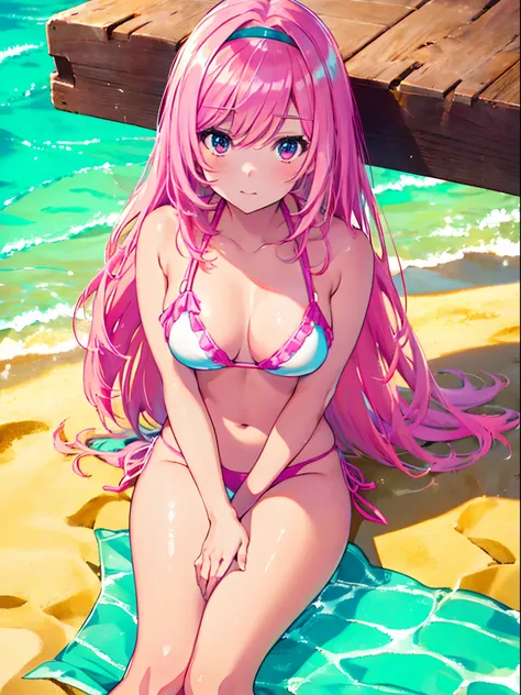 An image captured with a leica summarit 50mm f1.5 lens, featuring a portrait of a 17 years old anime girl with pink long hair,she is wearing white bikini swimsuits,she is sitting on white sand beach,tropical island and ocean background, with a cinematic co...