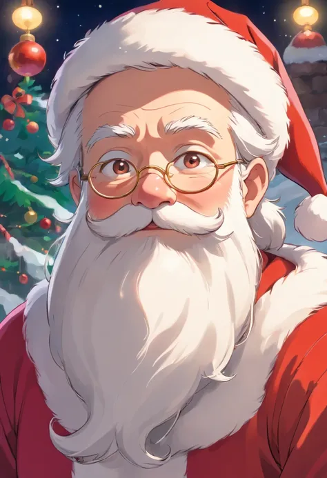 Capture a close-up shot of Santa Claus’s face, emphasizing his kind eyes and rosy cheeks