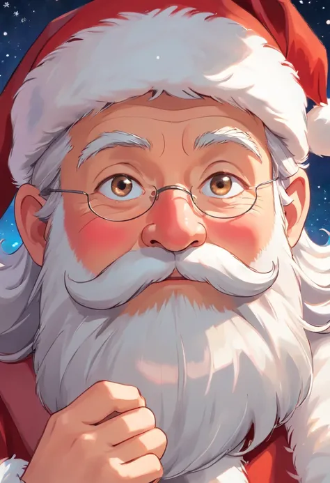 Capture a close-up shot of Santa Claus’s face, emphasizing his kind eyes and rosy cheeks