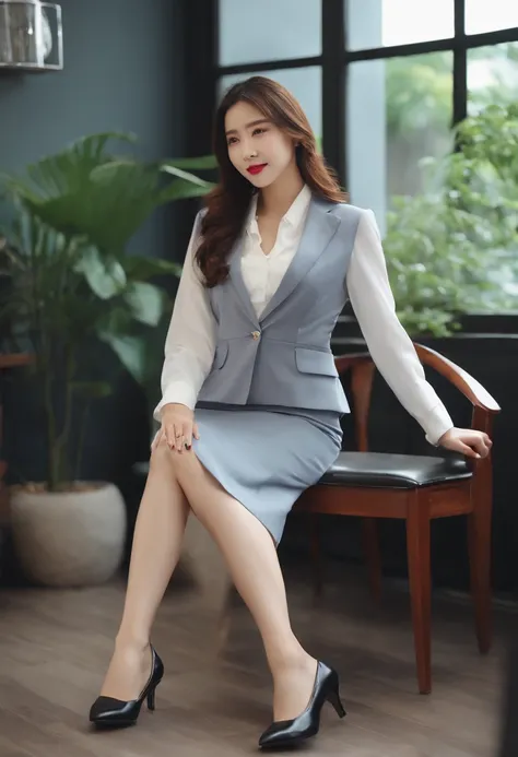 An office lady in her early 20s who is surprised to stare at her fingertips。Dress in a suit and a tight skirt。Clean nail polish on the toes。I have long hair.。