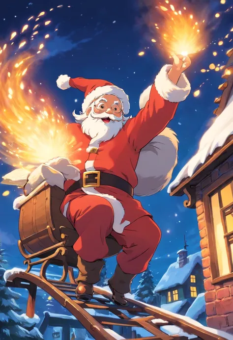 Capture a creative shot of Santa Claus in action, such as him climbing down a chimney or riding a sleigh with reindeer