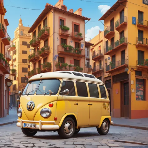 a digital illustration in anime cartoon style of a yellow volkswagen van parked on a cobblestone street of Barcelona, beautiful retro art, volkswagen van, full of colors and rich details, Direction: Painter Müller, Rich colors and details, Pop Art Digital ...