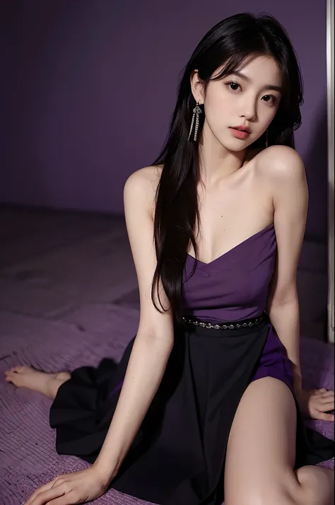 1girl in, 175 cm,Korean model, 23 years old,Soft body, Black hair, Wavy Hair,Whole body, Hair reaches the waist, Whole body,((From head to foot)),black bracelets,Black Chain,((Purple skirt)), Black Tall Boots,Large earrings,close-up, 8K, Raw photo, Best Qu...