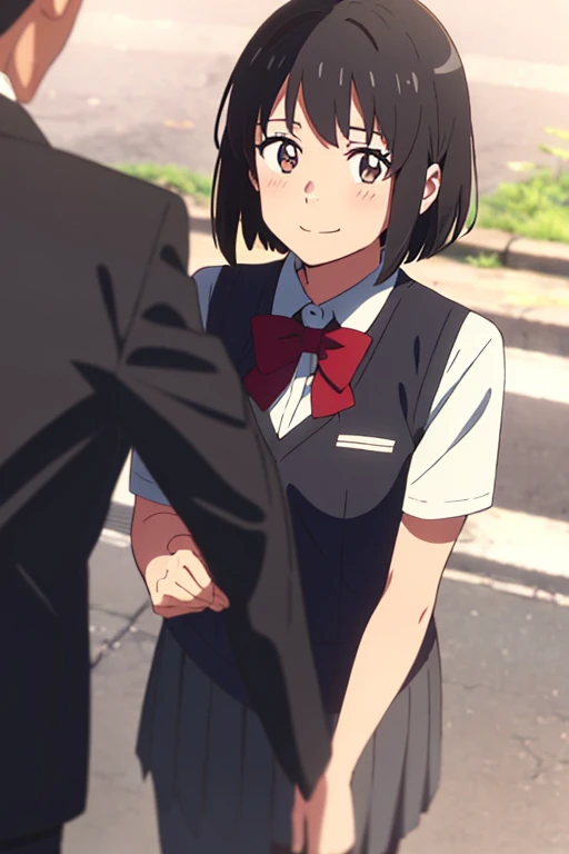 shinkai makoto, kimi no na wa., 1boy, buzzcut, black eyes, black short sleeve, buttoned shirt, muscular, gray pants, blush, closed mouth, smile, shinkai makoto, kimi no na wa., 1girl, bangs, black hair, brown eyes, red headband, red ribbon, white long slee...