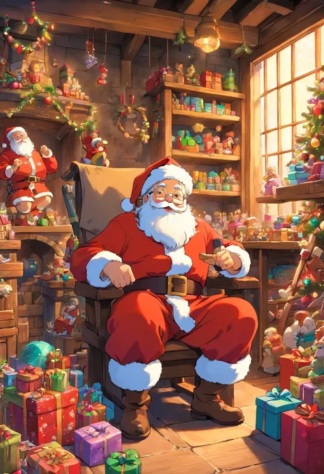 Capture an image of Santa Claus in his workshop, surrounded by toys and gifts, showcasing the joy of Christmas preparation