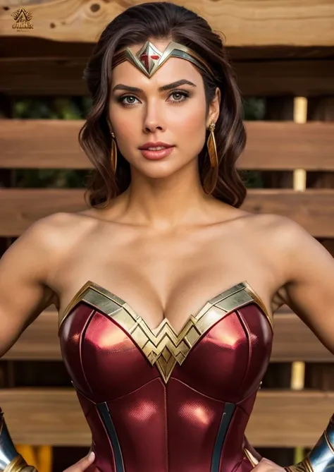 Capitana Marvel Hay una hermosa mujer Wonder Woman con un traje rojo y zul brillante como el oro y la plata, disparo gran angular, mejor calidad, detalles en la piel de sudor, sentada en una mesa de madera del siglo XIX, al fondo un volcan.