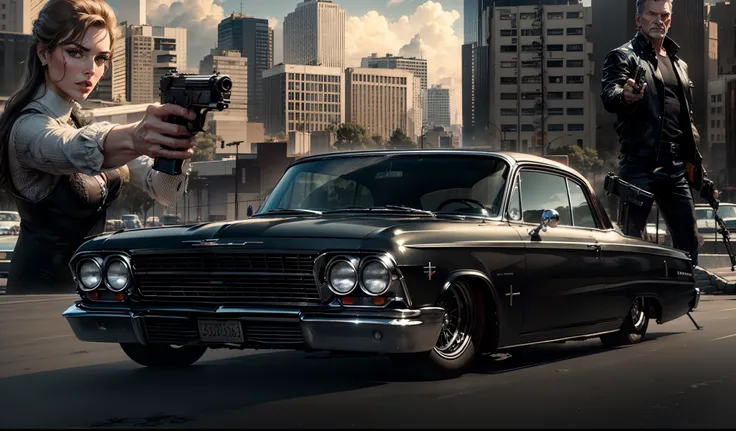 um imponente, Classic Black 1962 Chevy Impala in the Foreground, behind a close-up of a beautiful gangster Angelina Jollie holding a pistol and a gangster Harrison Ford standing armed with a pistol and the sun and buildings of a street in the US