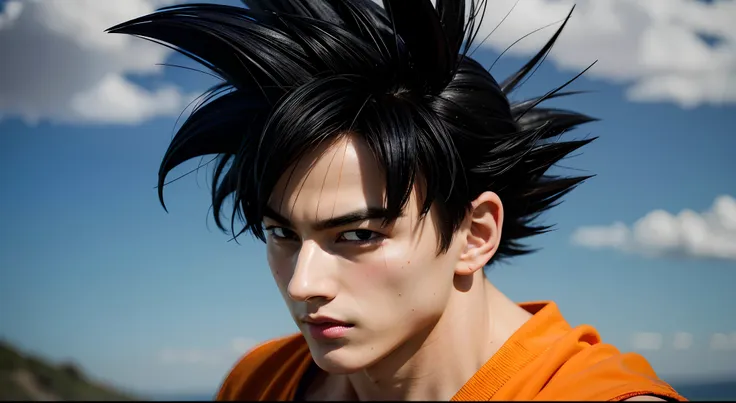 1boy, spiked hair, black hair, black eyes, gi, dougi, outdoor, orange clothes, detailed face, detailed eyes, fixed eyes