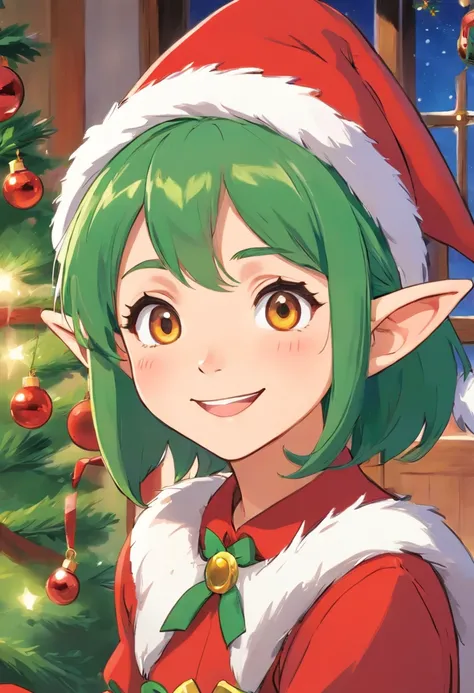 Capture a close-up shot of a Christmas elf’s mischievous smile, highlighting their playful and fun personality