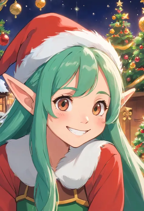 Capture a close-up shot of a Christmas elf’s mischievous smile, highlighting their playful and fun personality