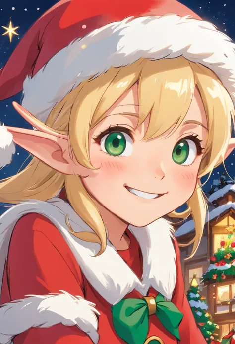 Capture a close-up shot of a Christmas elf’s mischievous smile, highlighting their playful and fun personality