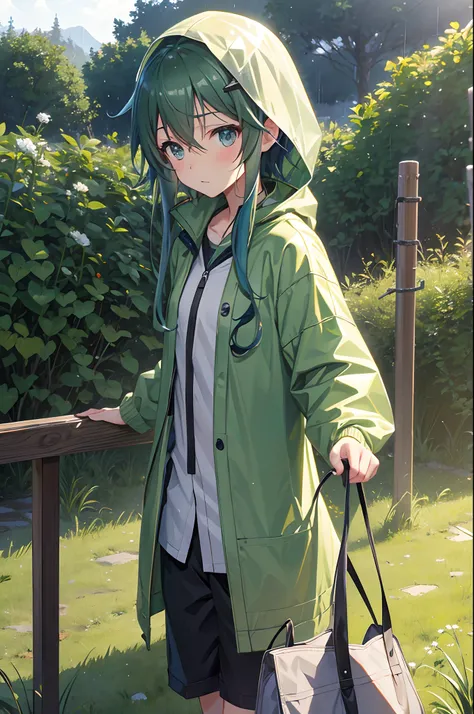 Asada sinon, wearing a raincoat, rainy grass field, blushing face, short pants, dating, pov, potrait