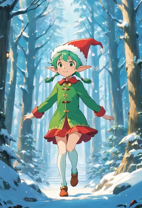 Capture a wide-angle shot of a Christmas elf in a snowy forest, showcasing their whimsical presence in a magical setting.