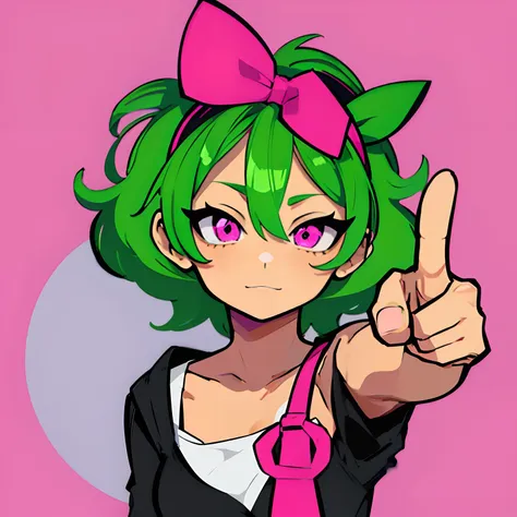 anime female short green hair and pink eyes giving a thumbs up looking front no background