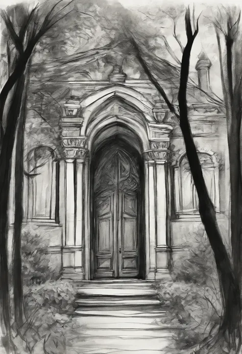 Rough charcoal sketch on old paper, Enchanted Magical Library, in the middle of the forest，Large 
beautiful Library, with huge golden glowing doors
Clean line art,+Expressive lines,Paint in an expressive sketch style, hatching, Black and white sketch, hand...