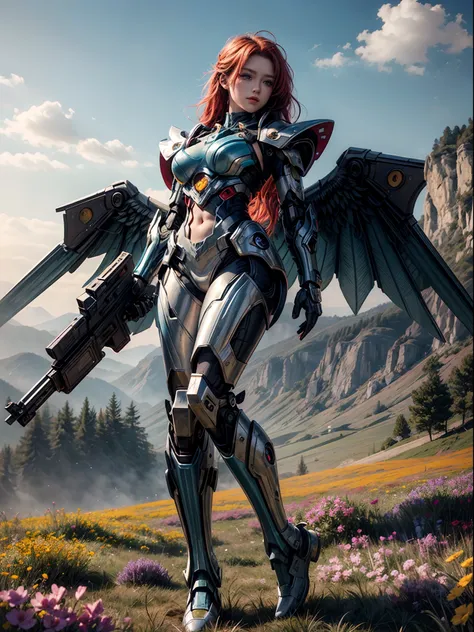 a picture of a mecha fairy resting in a rainbow colored flower meadow, full body, an exquisite beautiful (ultra detailed, master...