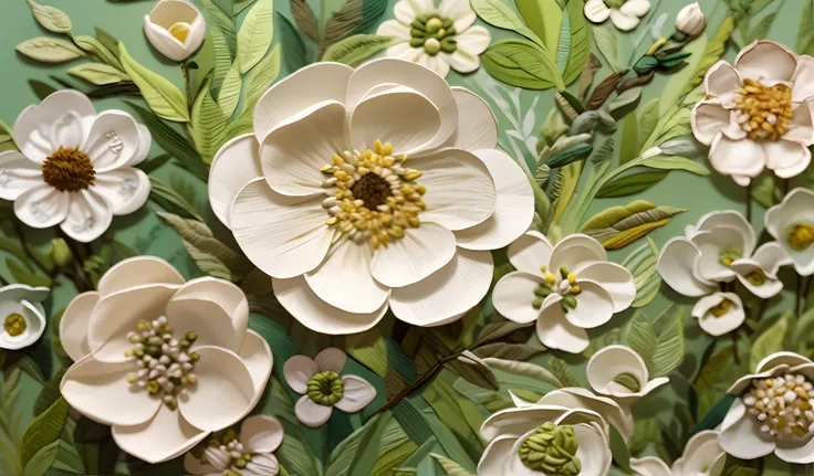 White flowers on green background yellow buds, layered paper art, paper modeling art, depicting a flower, paper art, oil painting relief, paper flowers, flowers, flowers in bloom and in background, surrounded flowers, nuanced fine art, detailed flowers, in...